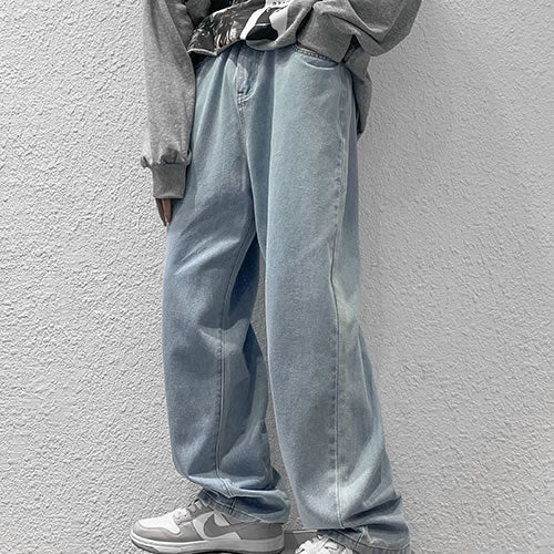 Vintage Wash Wide Denim Pants - "Light Blue"